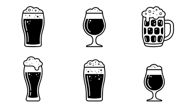 Beer glasses mug pint pub alcohol drink black line art vector icons set