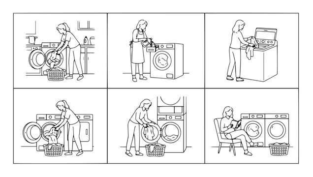 Woman doing laundry washing machine routine line art vector icons set