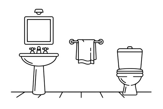 Bathroom interior sink mirror and toilet line art vector illustration