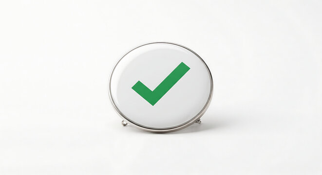 Checkmark Button: A close-up shot of a round, white button with a prominent green checkmark, symbolizing confirmation or approval.