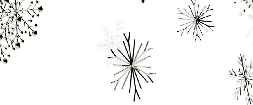 Geometric snowflake designs scattered across a clean white background, symbolizing winter.