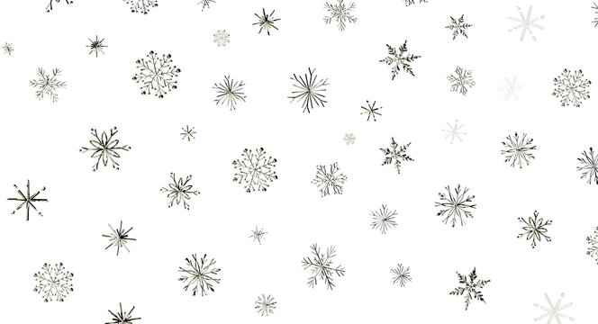 Seamless pattern of sparkling silver snowflakes on a black background, ideal for winter holidays.