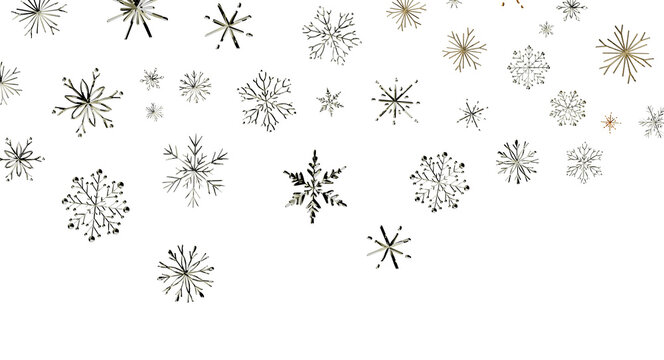 Stylized metallic snowflakes create a festive, elegant winter design on black.