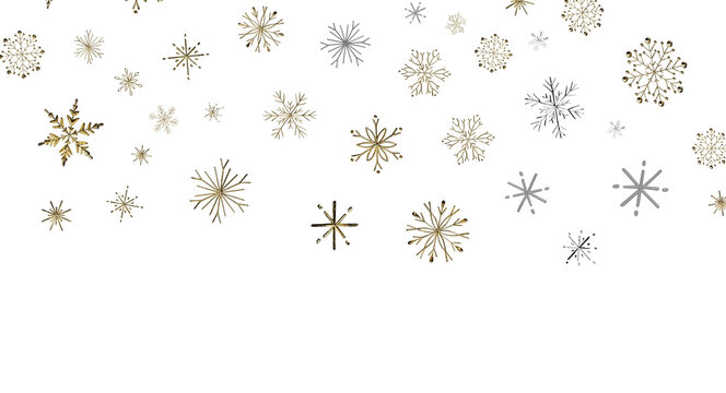 Festive winter background with shimmering golden and silver snowflake decorations.