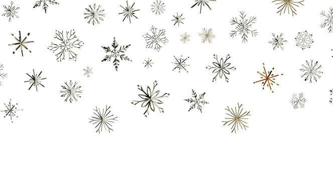 A festive pattern of metallic gold and silver snowflakes against a deep black backdrop.