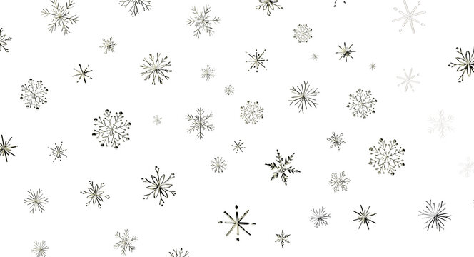 Elegant winter background with sparkling silver and white snowflakes on a deep black backdrop.