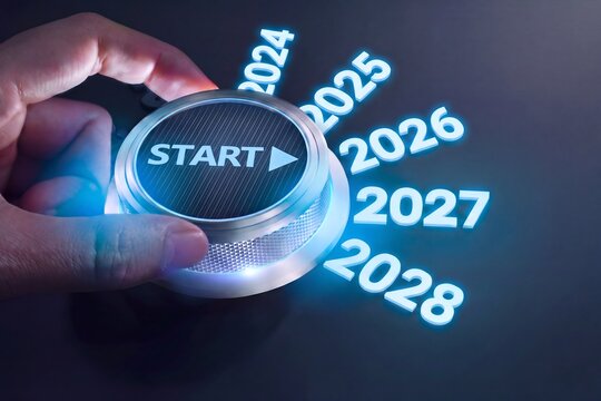 Futuristic start button with glowing years 2024 to 2028, hand turning dial for business planning, concept of future strategy and new year launch