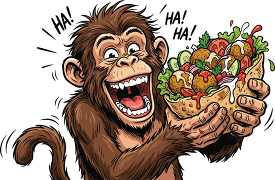 Funny laughing monkey cartoon character holding a huge loaded falafel pita pocket sandwich vector illustration
