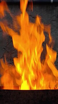 Rusty metal barrel with an open fire burning inside, standing against a weathered wall outdoors, with bright orange flames and dark smoke rising from the barrel.