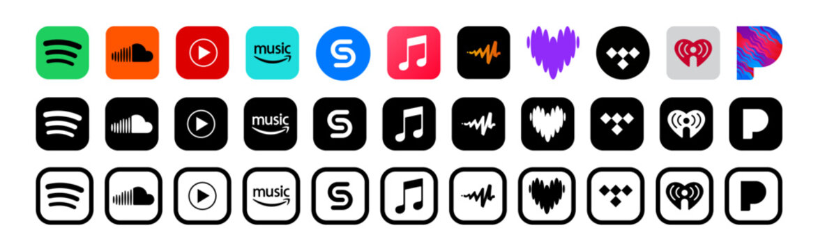 popular music application logo collection. music apps logo set. popular music applications containing apple music, youtube music, deezer, tidal, amazon music, spotify, soundcloud, shazam, pandora etc.
