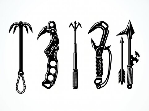 Collection of climbing and survival tools against a white background