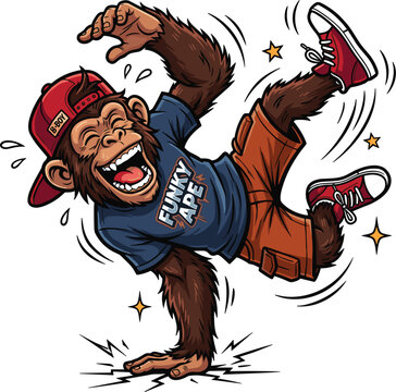 Cool monkey cartoon character breakdancing on one hand wearing streetwear outfit isolated on white background vector