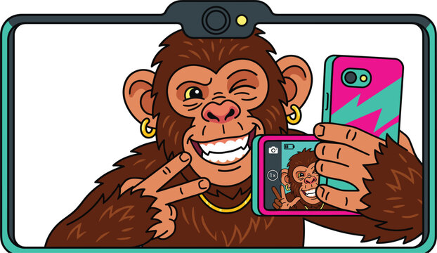 Cool monkey cartoon character winking and taking a selfie photo with a smartphone inside a digital tablet frame