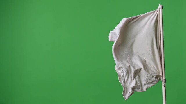 White fabric flag tied to a pole waving against a green background. Concept of surrender, peace, neutrality, truce, symbol, and chroma key template for design and video editing.