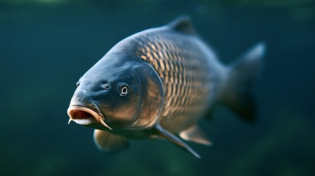 Common carp - cyprinus carpio - fish swimming in natural freshwater habitat, showing detailed scales and barbels, representing aquatic life, nature, and wildlife