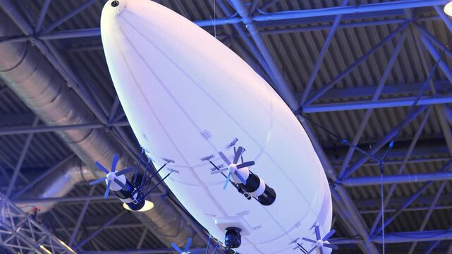 White airship suspended in large indoor space. Metal beams and pipes visible overhead. Blue lighting highlights the airship's surface. Several small propellers attached along its side