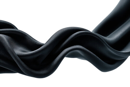 Elegant black silk fabric in flowing waves isolated on transparent background.