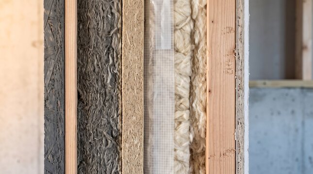 Cross section of residential wall showing layers of insulation and building materials