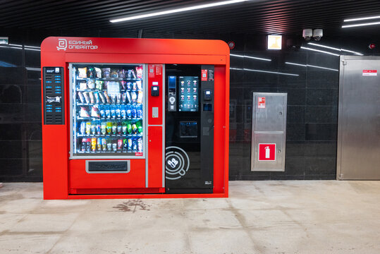 Vending machines with various drinks and coffee machine in a self-service store in Moscow Metro