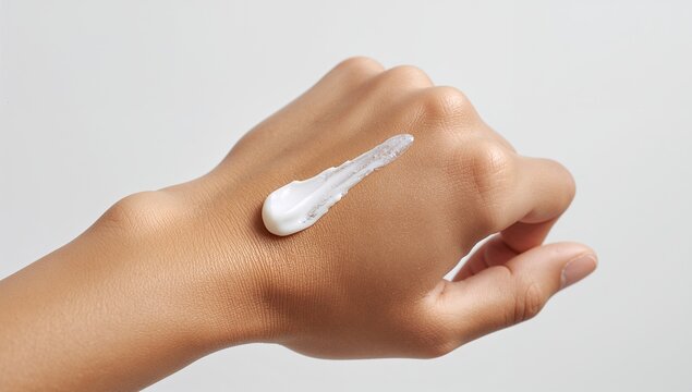 Health skin care, beauty smile asian young woman, girl hand applying, putting moisturizer on her arm, shoulder after shower bath at home. Skin body cream moisturizing lotion, routine in the morning.