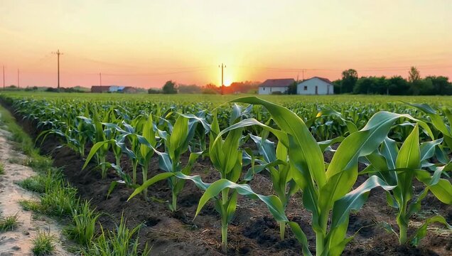 Agricultural 4K close-up video sweeping across a field of young green corn plants illuminated by golden sunset light highlighting spring crop growth commercial farming and sustainable rural
