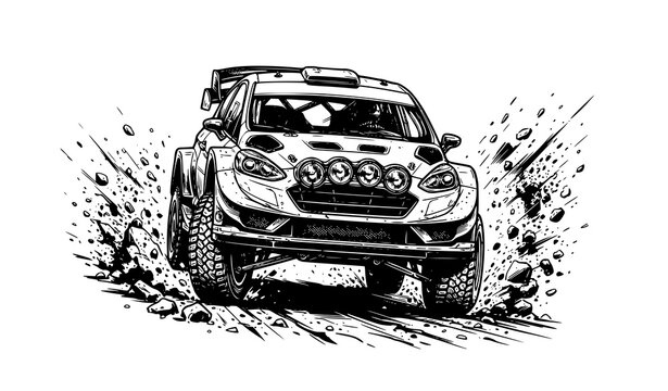 Aggressive Rally Car Racing Front View Dirt Action Black White Vector