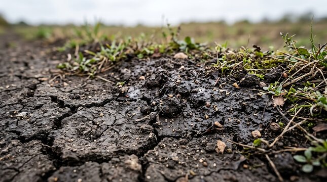 Cracked dry earth transitioning to moist soil with green grass in a field
