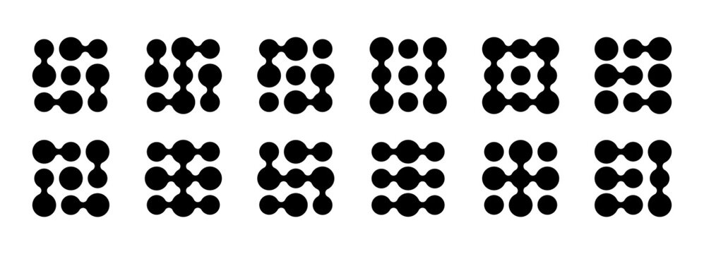 Metaball shapes dot set with connect logo pattern. Abstract circle liquid fluid blobs icon with organic concept form for network background. Design vector element of metaball with innovation