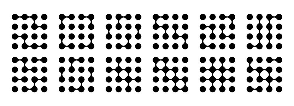 Metaball shapes dot set with connect logo pattern. Abstract circle liquid fluid blobs icon with organic concept form for network background. Design vector element of metaball with innovation