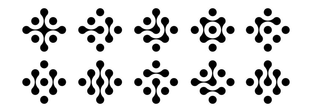 Metaball shapes dot set with connect logo pattern. Abstract circle liquid fluid blobs icon with organic concept form for network background. Design vector element of metaball with innovation