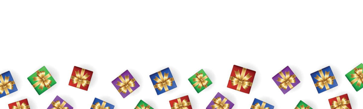 Gift boxes border with golden ribbons. Realistic festive celebration background template