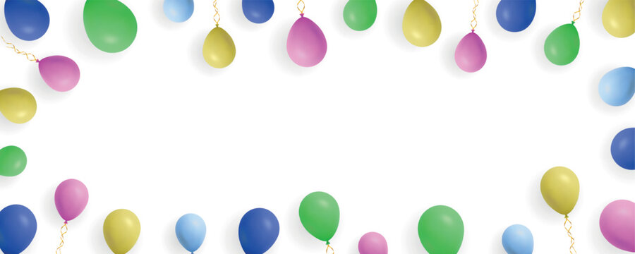 Colorful balloons border on white background. Realistic festive party banner template