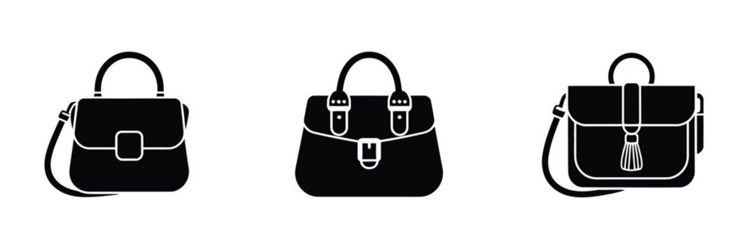 Women's handbag icons set, fashionable purse, shoulder bag, handbag symbols, fashion accessories, retail, shopping, modern glyph vector design