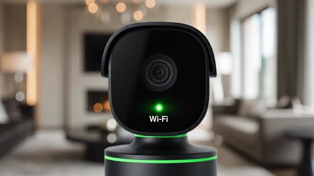 Smart home security camera panning in modern living room interior. Wireless surveillance camera with glowing green status indicator. Protection and smart technology concept