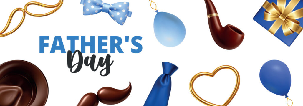 Fathers Day greeting banner with gifts, balloons, mustache, tie and pipe accessories. Realistic holiday design