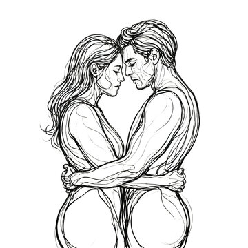 Couple embrace illustration featuring man and woman standing forehead to forehead isolated on a transparent background