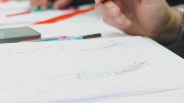 Specialist doctor sketching skeletal anatomy with pencil during surgical preparation workshop