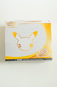 Chicago, IL/USA - September 16, 2026: Pok&eacute;mon 30th anniversary Elite Trainer Box with Pikachu design