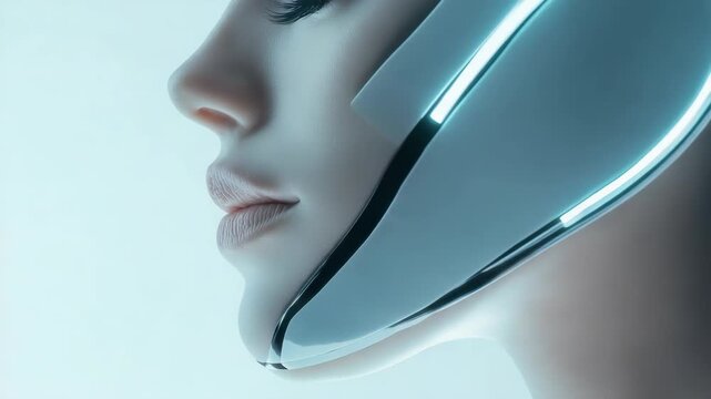 Futuristic cyborg female profile with cybernetic implants and glowing lights. Minimalist sci-fi android woman face. Artificial intelligence and transhumanism concept