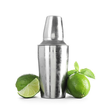 Shaker, mint and limes isolated on white