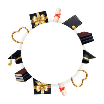 Round graduation badge frame with diploma scrolls, books, gifts and academic caps for celebration template