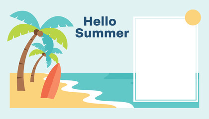 Fototapeta premium Hello summer beach scene with palm trees, a surfboard, golden sand, and ocean waves under a clear sky with a blank photo frame.