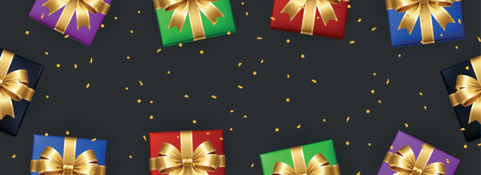 Luxury colorful gift boxes with golden bows on black background. Festive celebration banner with confetti