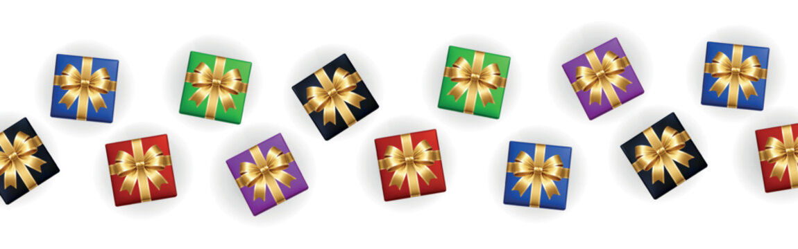 Luxury colorful gift boxes with golden bows on white background. Elegant festive top and bottom border vector illustration