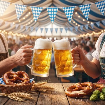 Cheers with golden beer mugs at Oktoberfest under blue and white banners.