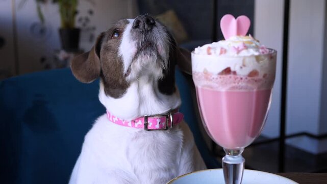 Alert dog faces pink dessert goblet on table. Pink collar and soft brown white coat stand out as pet watches whipped cream treat, then lifts muzzle, calm yet expectant in warm home setting.