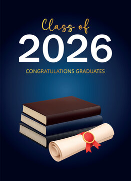 Class of 2026 graduation banner with books and diploma on blue background. Elegant academic education vector illustration