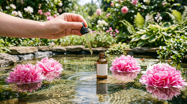 A hand carefully drops essential oil into a serene pond surrounded by blooming pink flowers, creating a tranquil natural spa experience