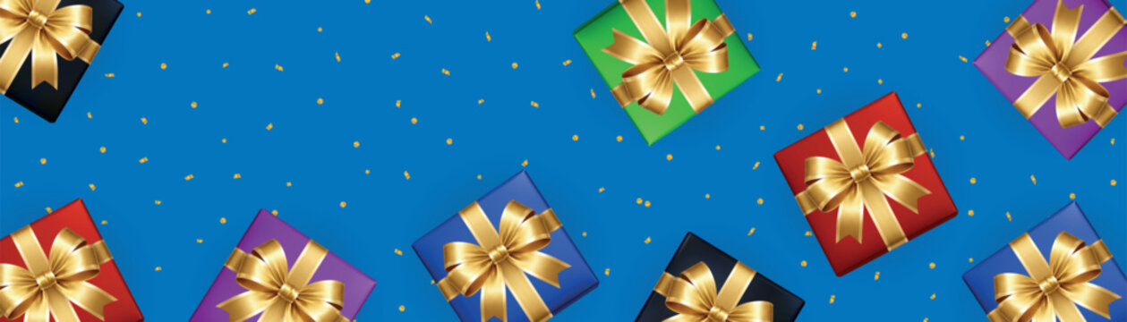 Seamless gift box pattern with colorful presents, golden ribbons and confetti on blue background. Festive wrapping design