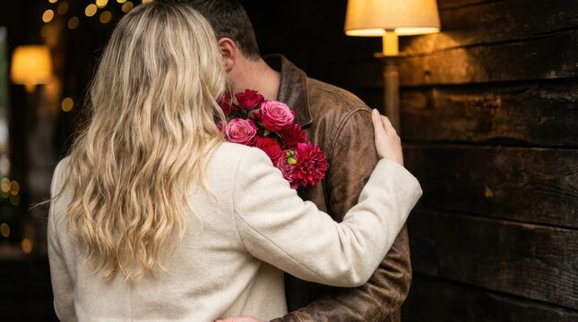 Warm embrace between a couple with a bouquet of pink flowers indoors